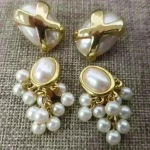 Vintage KJL and LC gold tone with pearl like clip-on earrings set